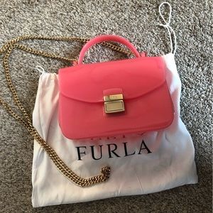 Authentic Furla pink jelly gold chain crossbody mini bag made in Italy